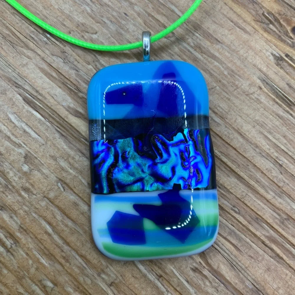 Murano Style Blue Fused Dichromic Glass Pendant Cord Necklace
